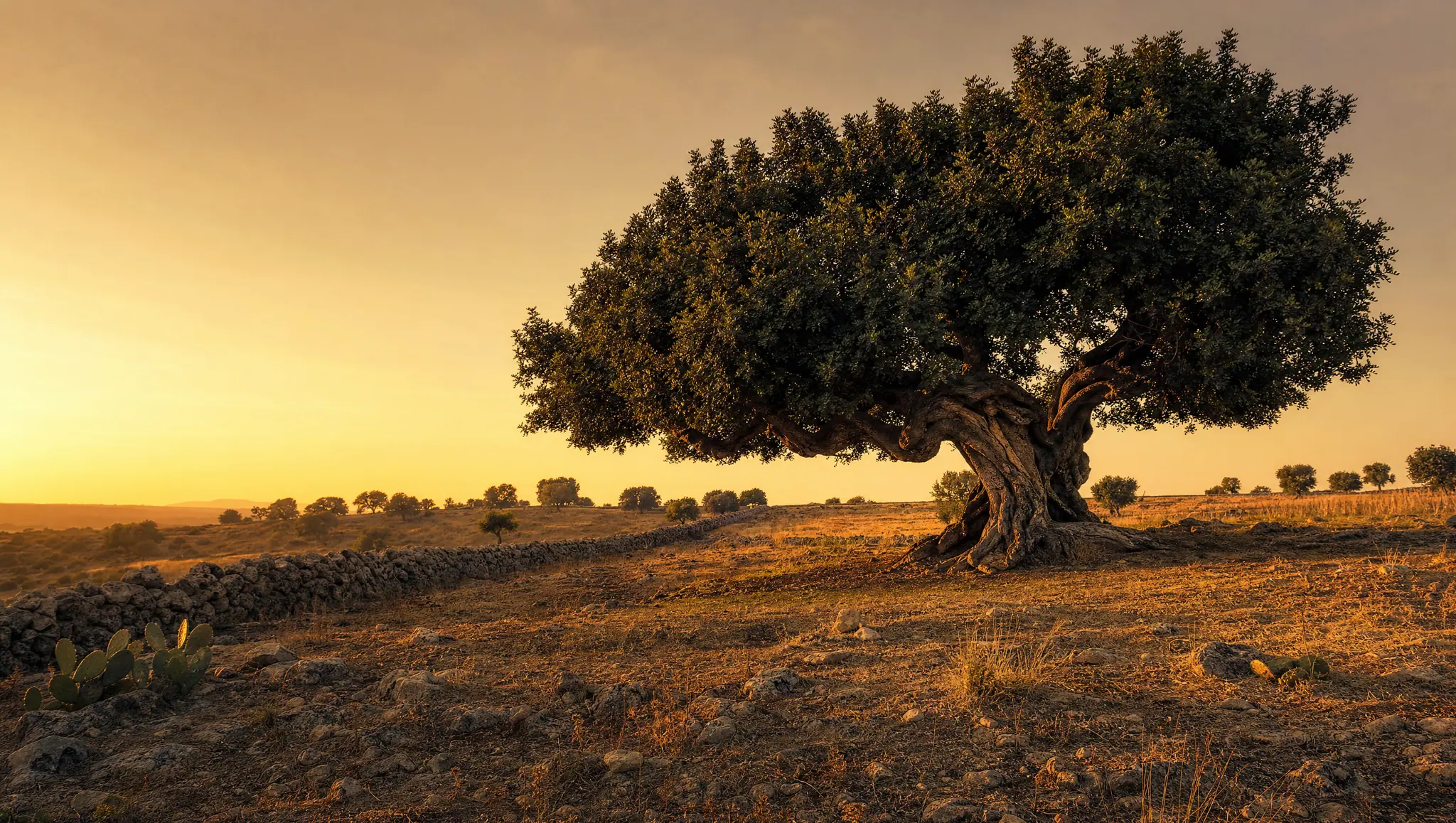 Un carrubo secolare solitario in campagna, all'ora dorata