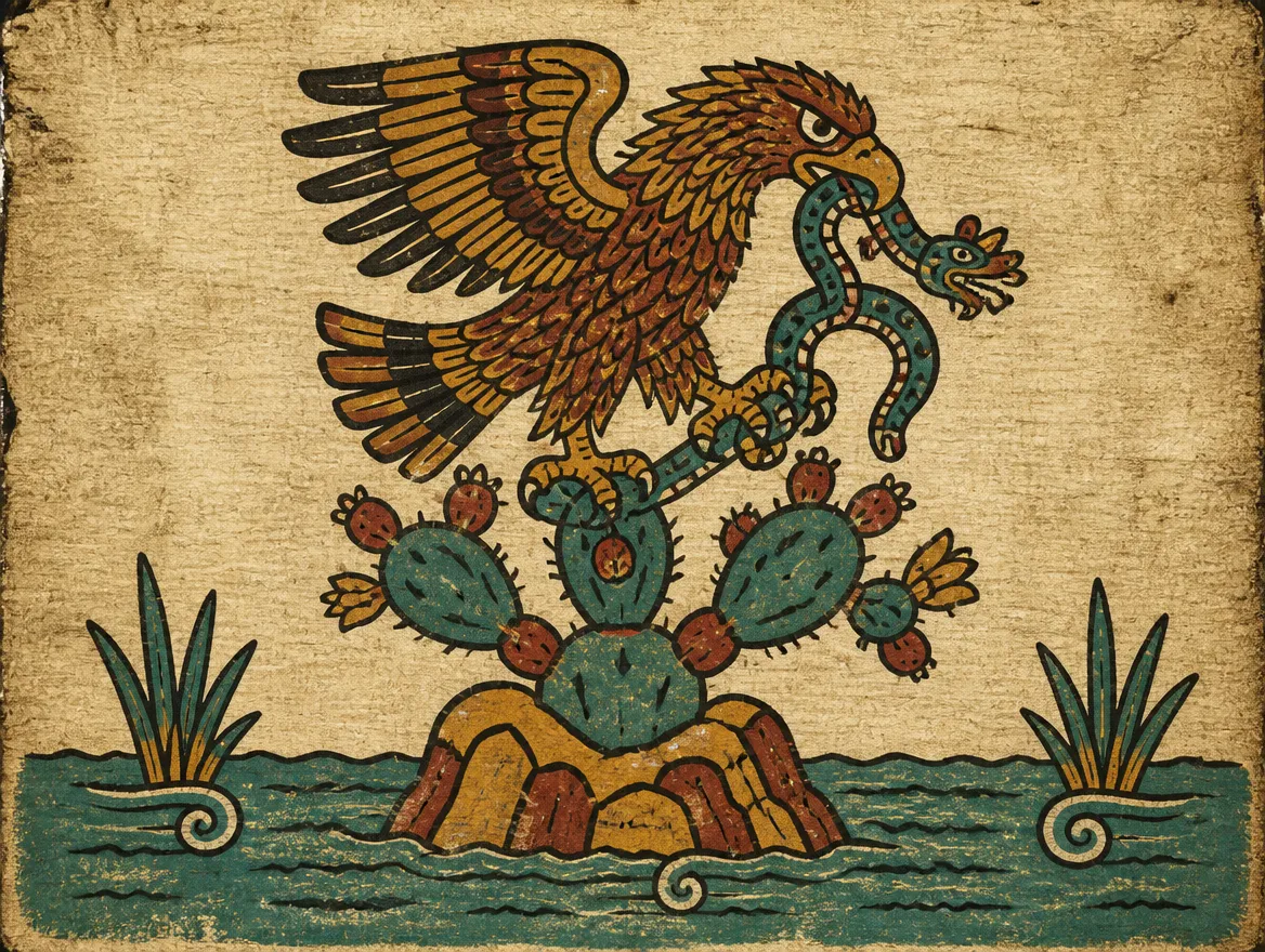 Illustrazione generata in stile codice azteco: aquila su un nopal