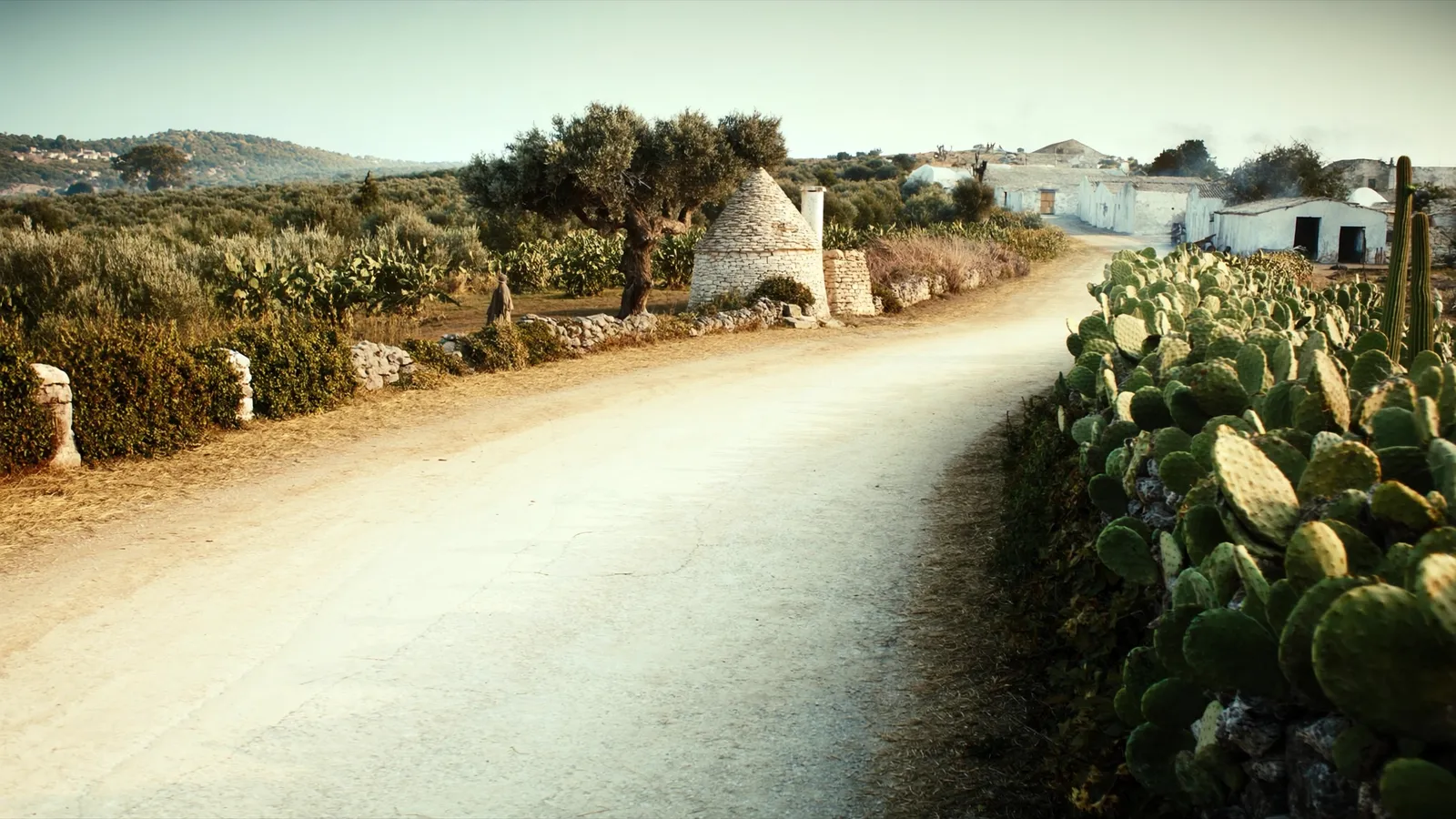 Ricostruzione generata: strada bianca pugliese con siepi di fico d'India e un trullo