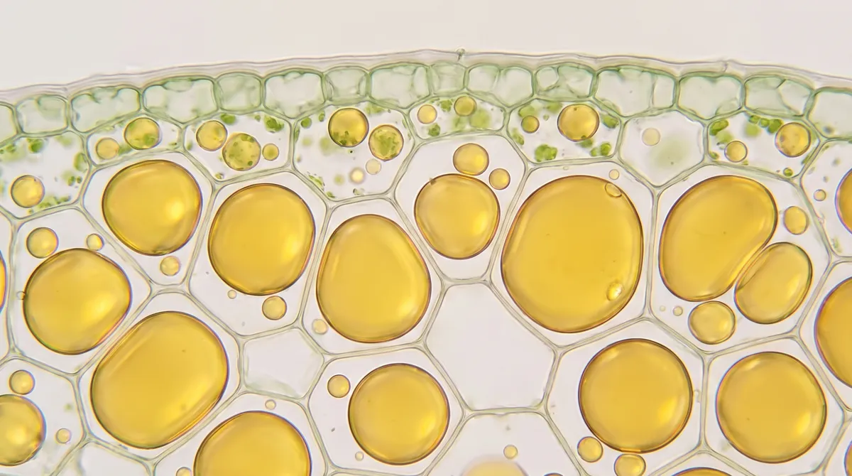 Cellule della polpa al microscopio, grandi celle dalle pareti sottili quasi piene di gocce gialle.