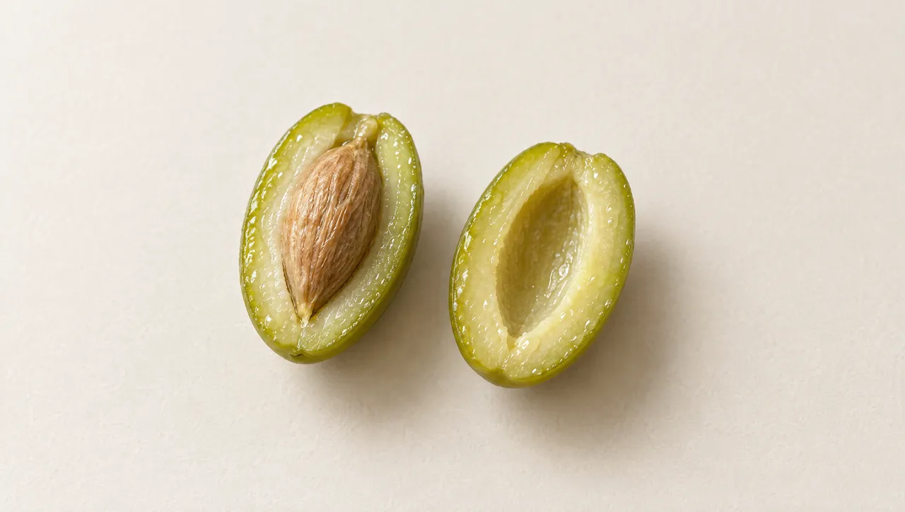Un’oliva verde tagliata a metà su carta chiara, con il nocciolo rigato da una parte e la polpa dall’altra.