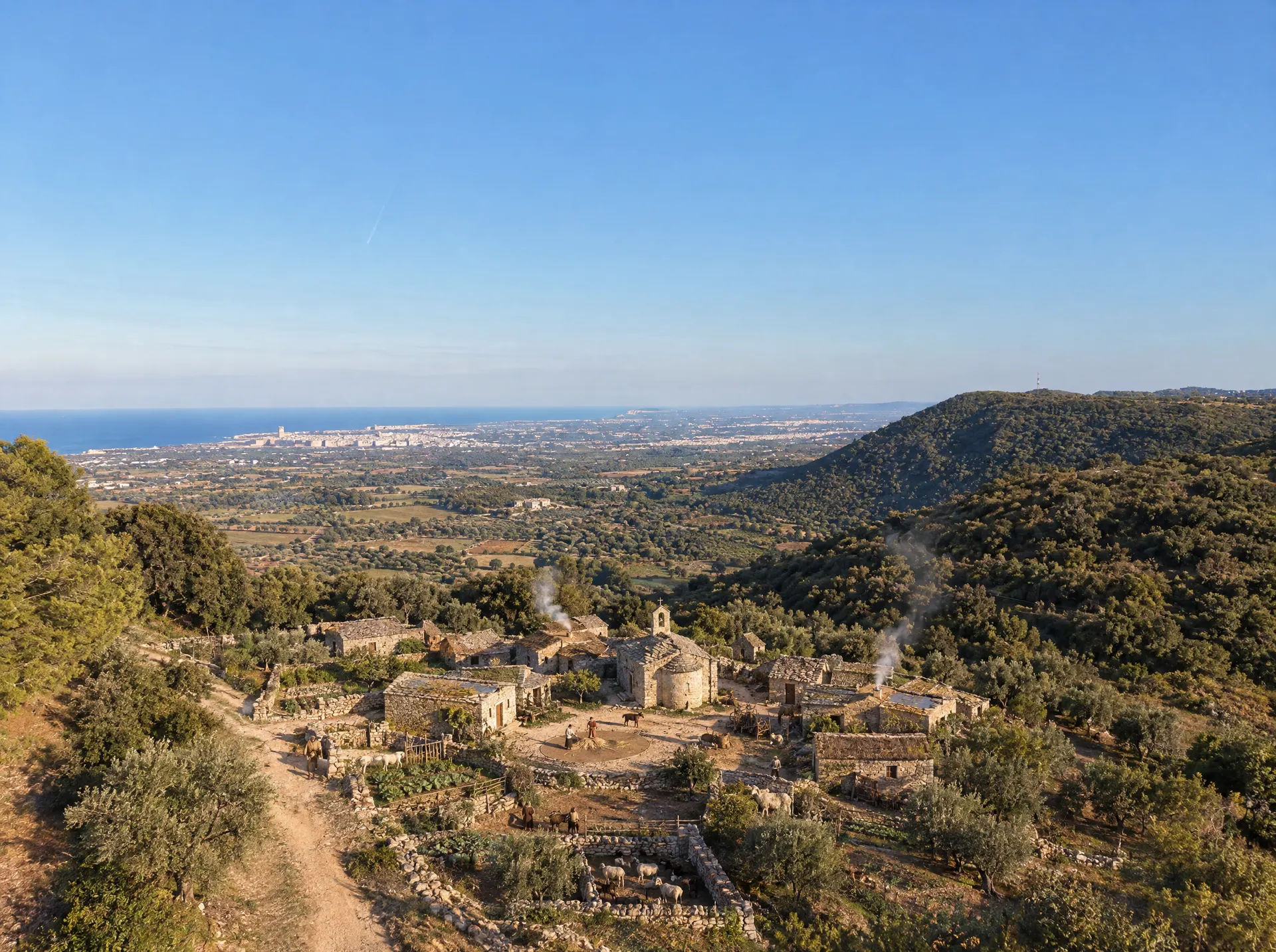Immagine generata. Un villaggio di case basse in pietra con una piccola chiesa, i recinti per le pecore e il fumo dei focolari.