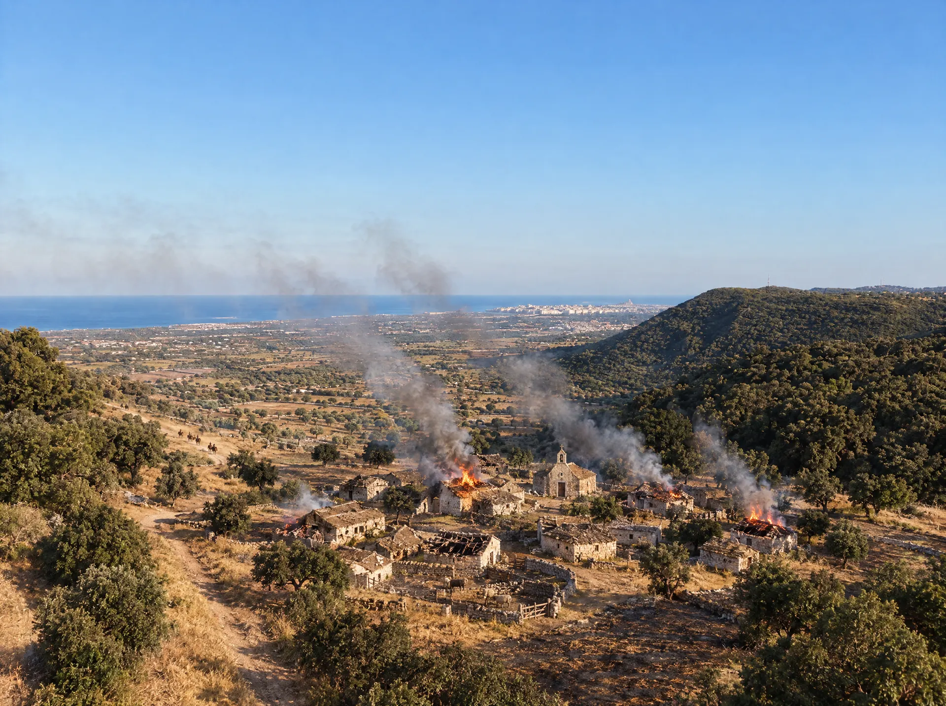 Immagine generata. Un villaggio di case basse in pietra che brucia, con il fumo che va verso il mare.