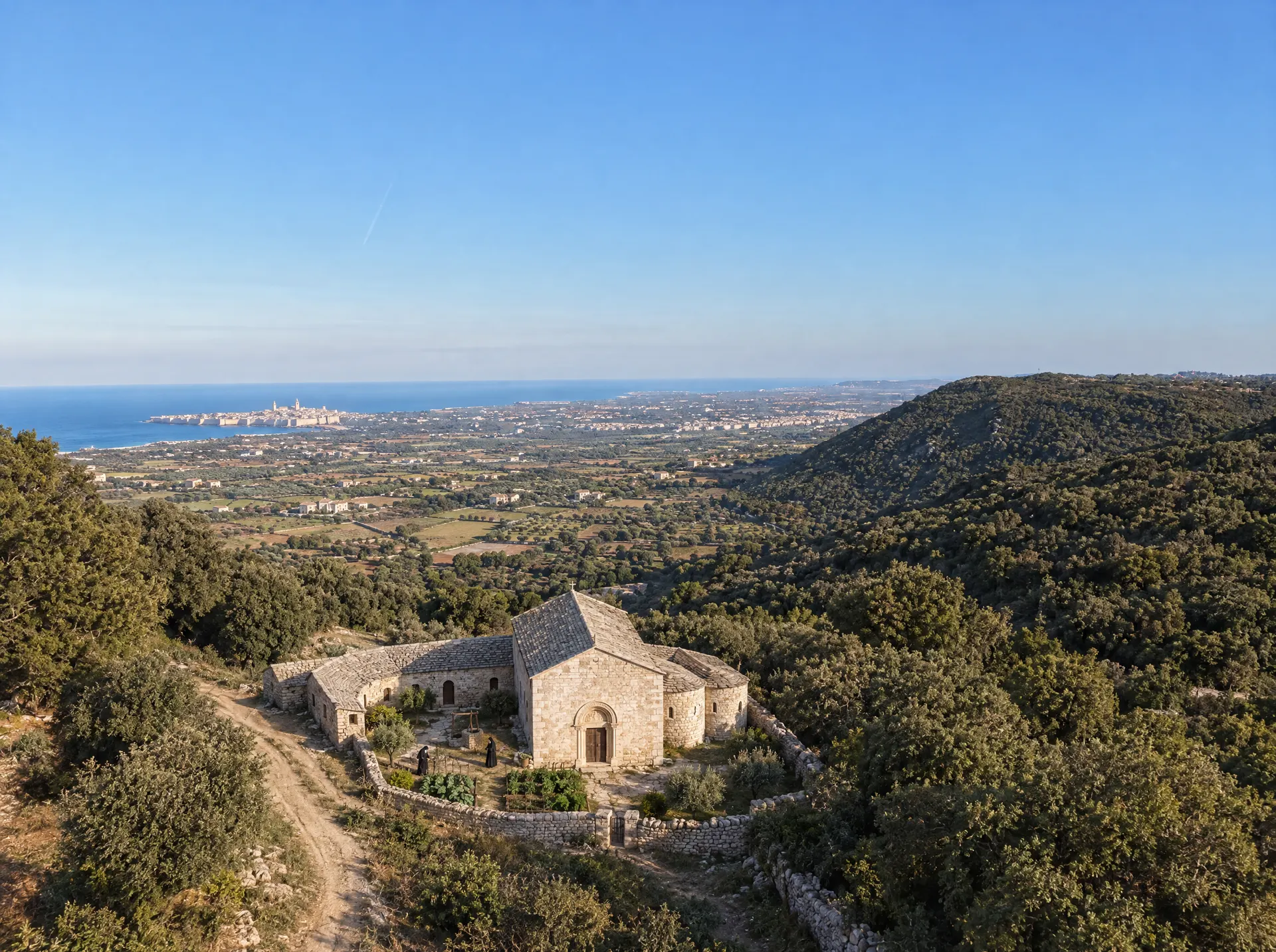 Immagine generata. Una chiesa romanica in conci di calcare chiaro, con le absidi rotonde, un piccolo monastero con l’orto e due monache nel giardino.