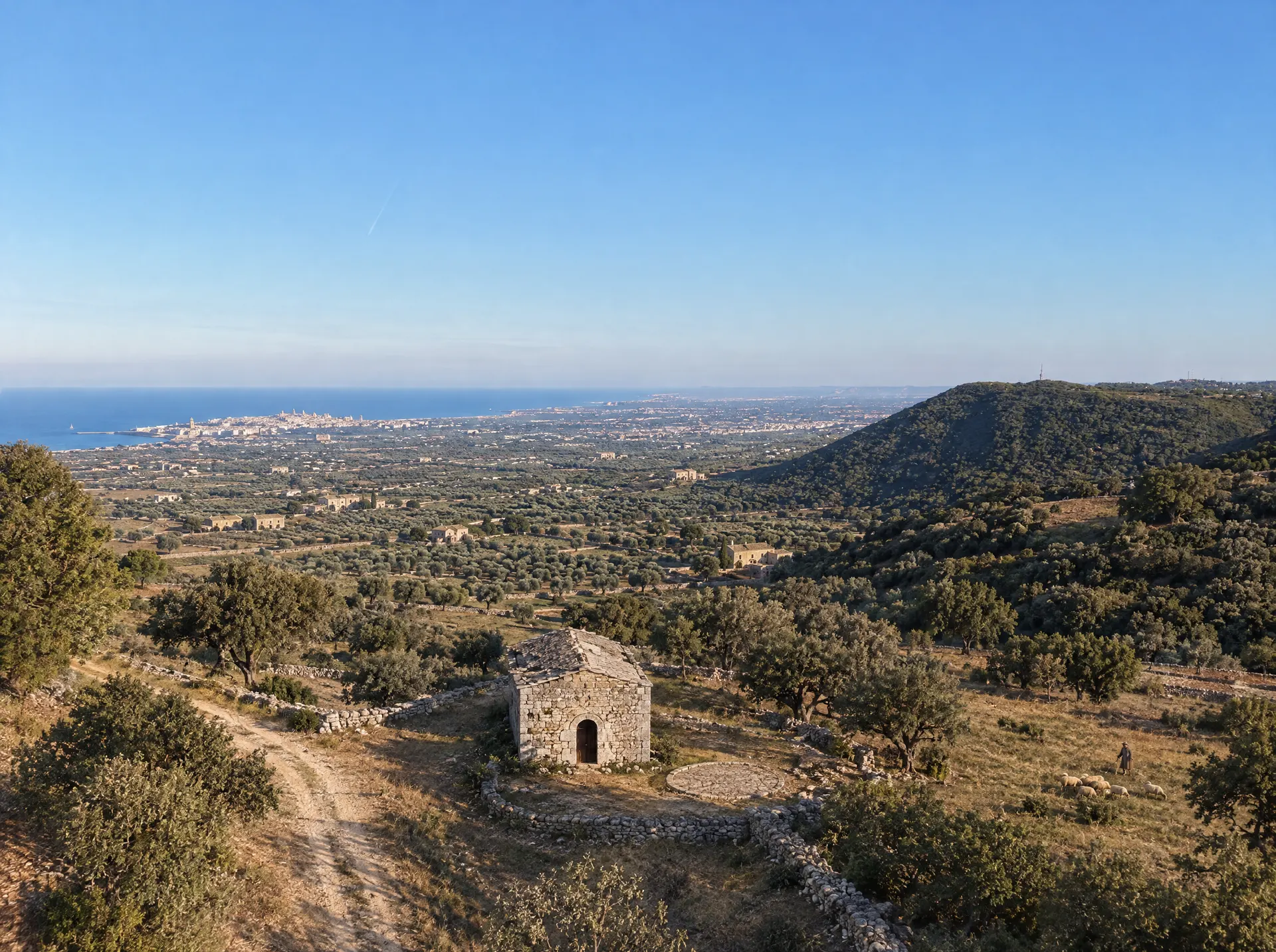 Immagine generata. La stessa chiesa in pietra grigia, senza intonaco e senza campanile, accanto a una strada sterrata.