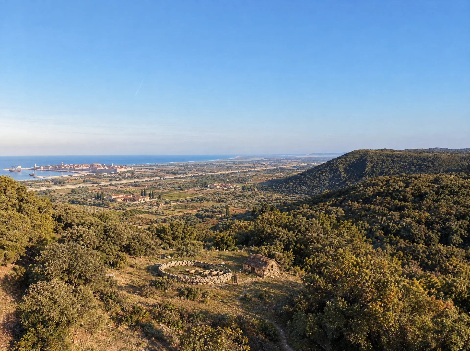 Immagine generata. Il poggio coperto di macchia con un recinto per le pecore, la strada romana dritta nella piana e una piccola città con il porto sulla costa.