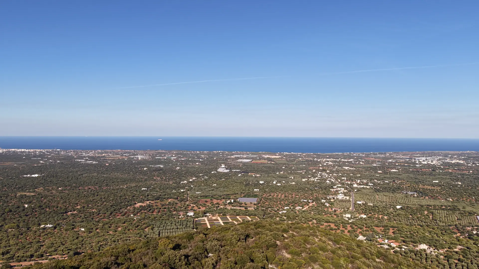 Dal ciglio, la piana degli ulivi fino al mare.