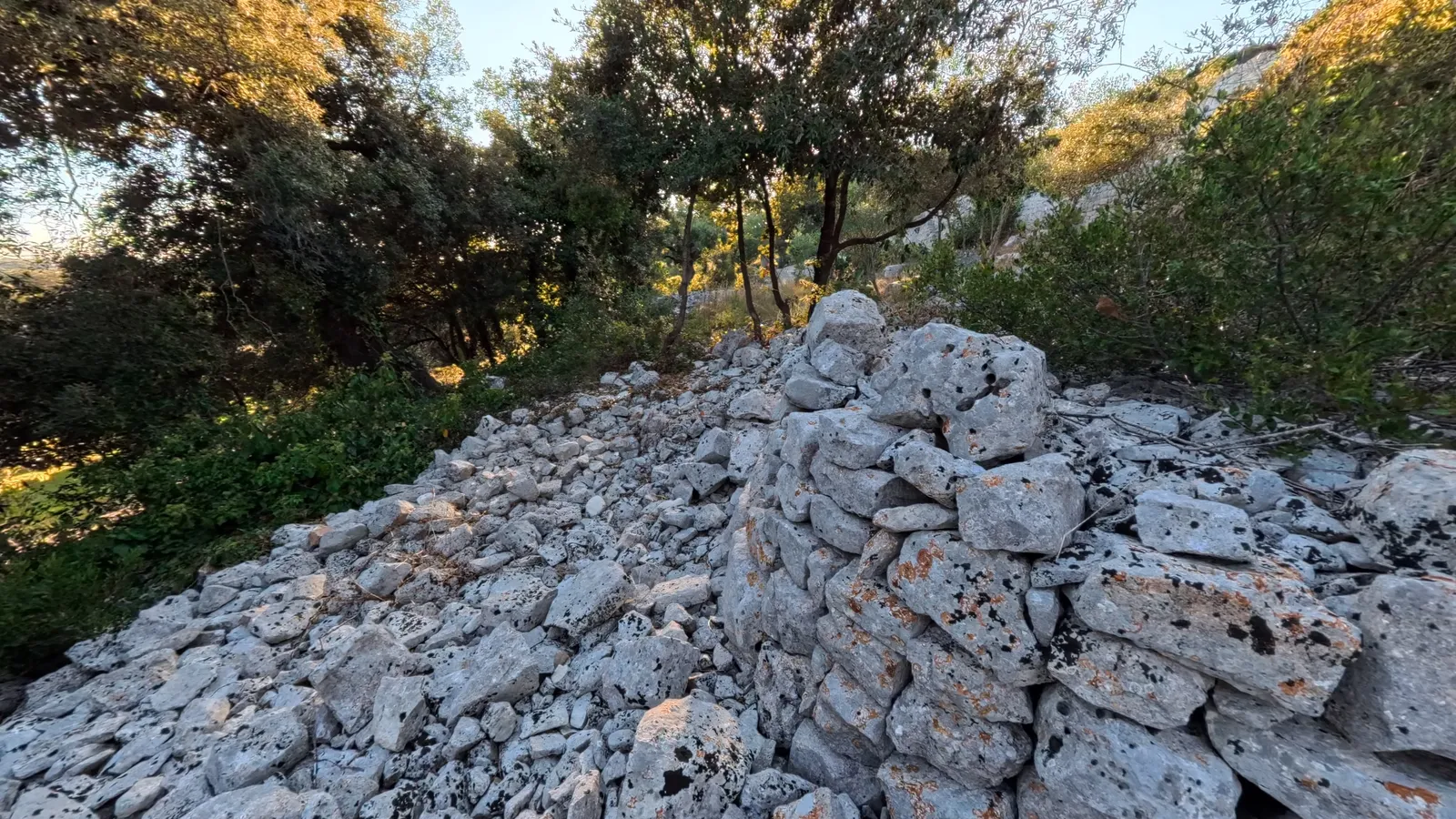 Un grande cumulo di pietre bianche nella macchia, con un muro alto di pietra sullo sfondo.